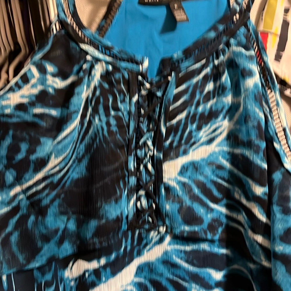White House Black Market blue ruffle tank top with laces that tie at neck line - Picture 12 of 16